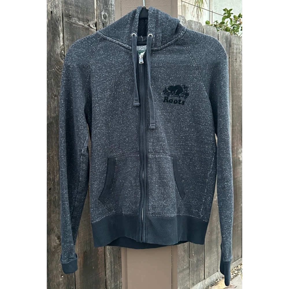 Roots Canada Womens S Salt Pepper Full Zip Hoodie Thumbholes Beaver Logo